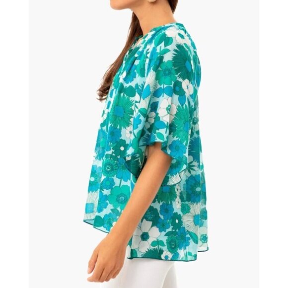 Antik Batik Cotton Voile Floral Blouse Womens Medium Blue Flutter Sleeve Tunic - Picture 9 of 11